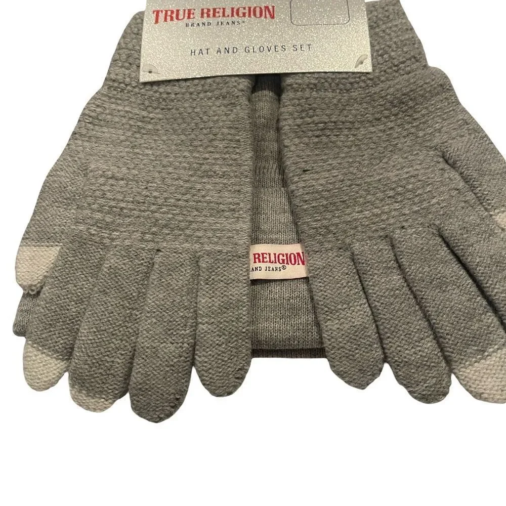 True Religion Gray Knit Beanie and matching gloves